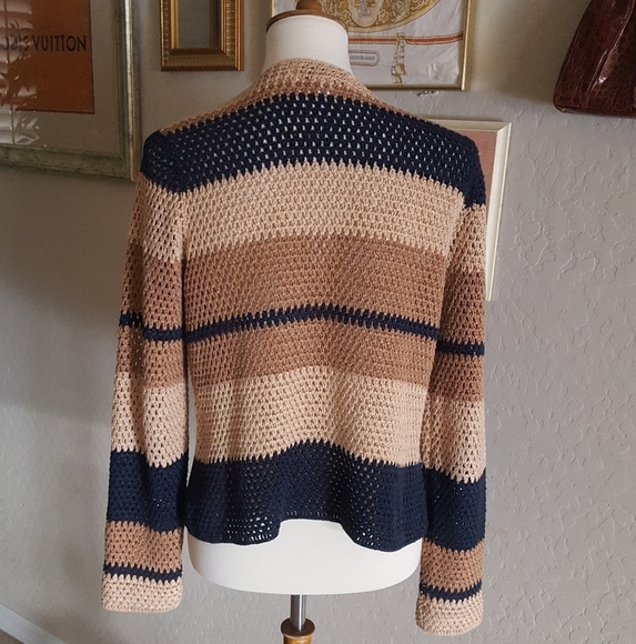 Vintage Jones New York Blue Tan and Camel Striped Hand‎ Knit Linen Cardigan - Picture 4 of 5